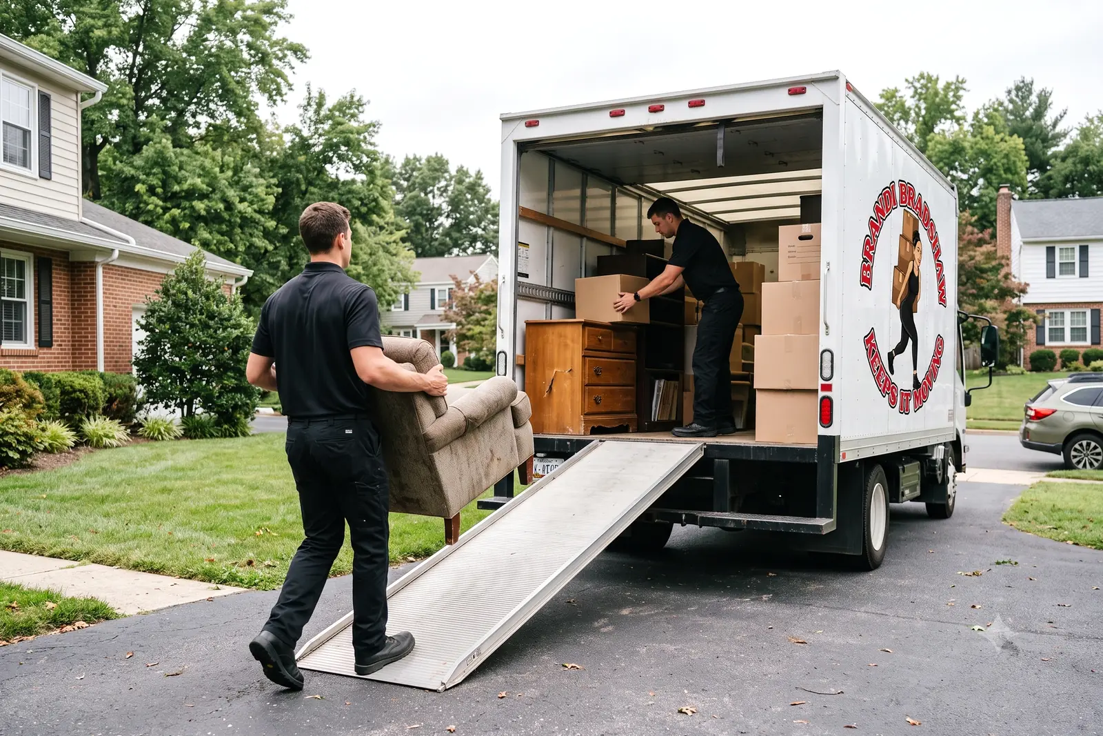 Brandi Bradshaw Keeps It Moving movers loading old furniture and boxes into the company truck during a junk removal